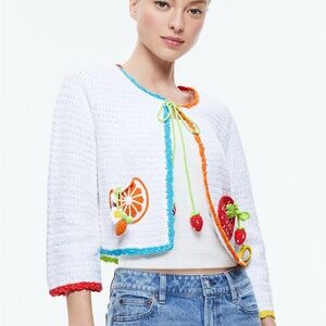 Alice + Olivia Anderson Tie Front Fruit Strawberry Orange Crochet Cardigan